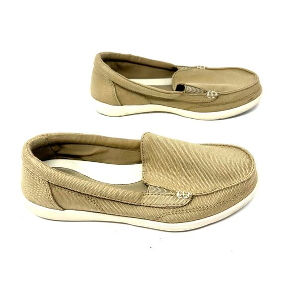 Crocs Size 6 Khaki Canvas Triple Comfort Flat Slip On Walking Workwear Boat Shoe - Picture 3 of 7